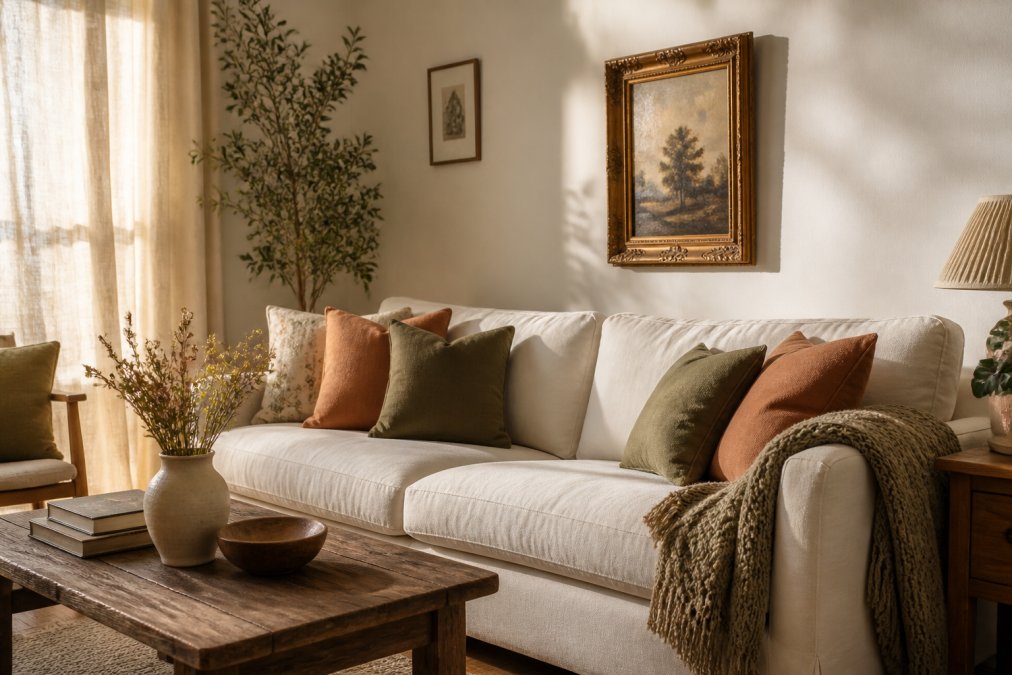 A bright living room with a linen sofa, reclaimed wood coffee table, vintage brass frame on the wall, and olive and clay throw pillows arranged in a warm modern cottage look, soft afternoon light through sheer curtains
