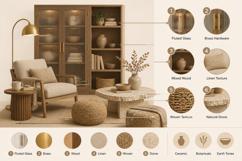 Modern living room corner featuring fluted glass cabinet doors with warm brass hardware, mixed wood tones on shelving and side table, layered textures from woven poufs and linen upholstery, stone accent table with natural edge, soft golden ambient lighting from brass floor lamp, earth-tone accessories including ceramic vessels and dried botanicals