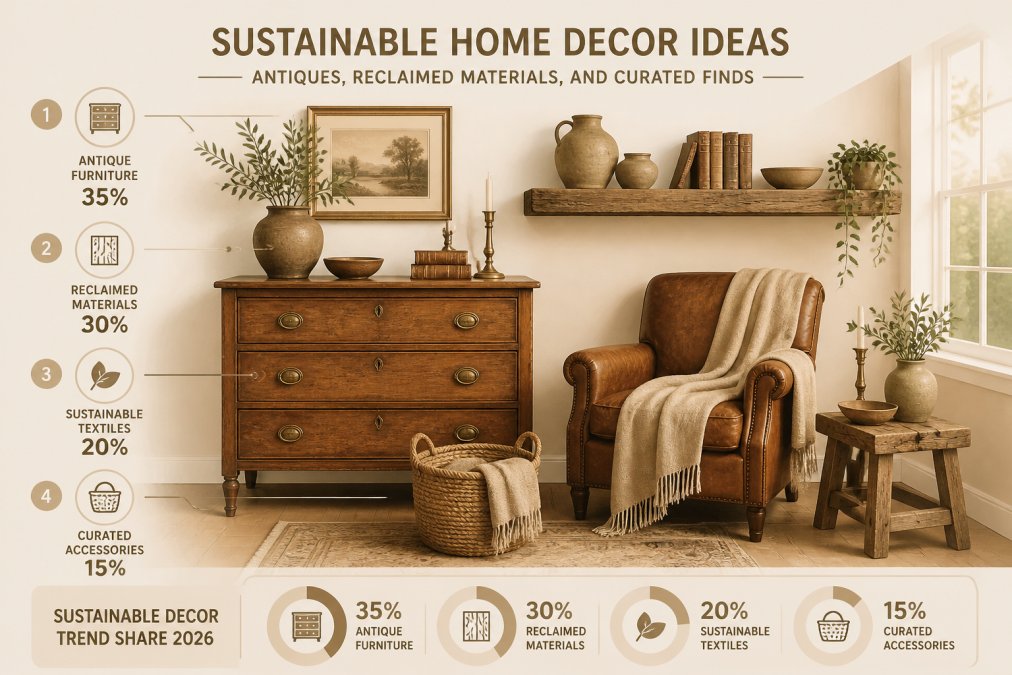 Styled interior vignette showing curated antique wooden dresser with natural patina, reclaimed wood floating shelf displaying vintage ceramic vessels and books, sustainable linen throw draped over worn leather chair, earth-tone accessories including woven basket and brass candlestick, warm natural light from window, mixed wood tones creating visual depth