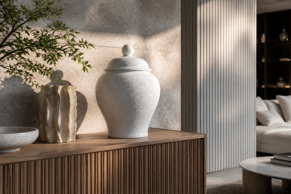 A styled living room corner featuring a large white textured ginger jar on a wooden console table, with a sculptural vase and soft natural light casting shadows on a textured wall