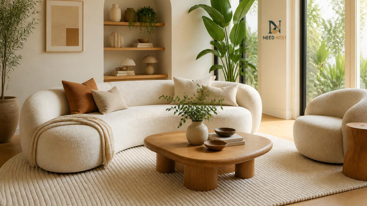 Infographic illustrating the design principles of curved furniture and organic shapes in a bright living room layout.