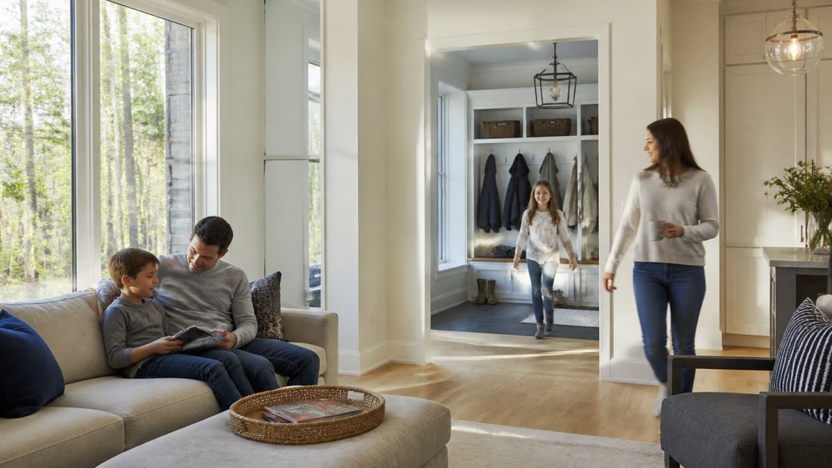 A bright open-concept living room in a New England family home, with large windows looking out to trees, a mudroom entry visible in the background, and parents and children moving through the connected spaces