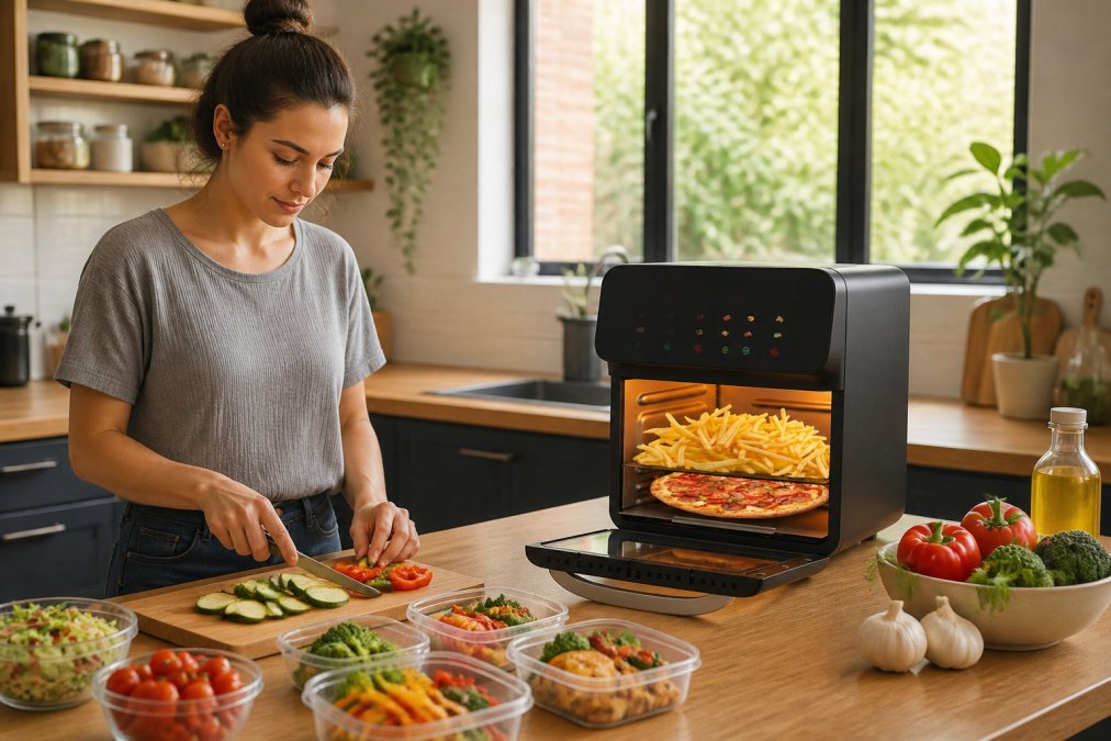 Busy professional in modern kitchen using the Bluebow air fryer oven for meal prep, with fresh vegetables, meal prep containers, and ingredients visible on the counter under natural window lighting