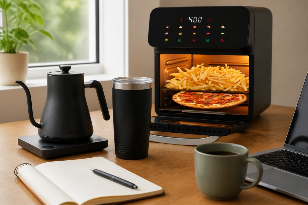 Close-up of professional workspace desk showing the Bonavita gooseneck kettle, precision tumbler, and organized workspace with a laptop, notepad, and fresh coffee, with natural lighting from a nearby window