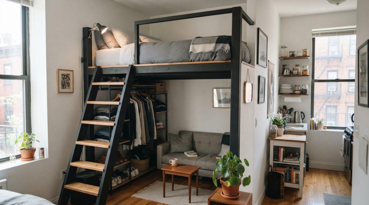 A compact first apartment bedroom with a loft bed, under-bed storage drawers, wall-mounted shelving, and multi-functional furniture arranged efficiently in a small room with natural window light