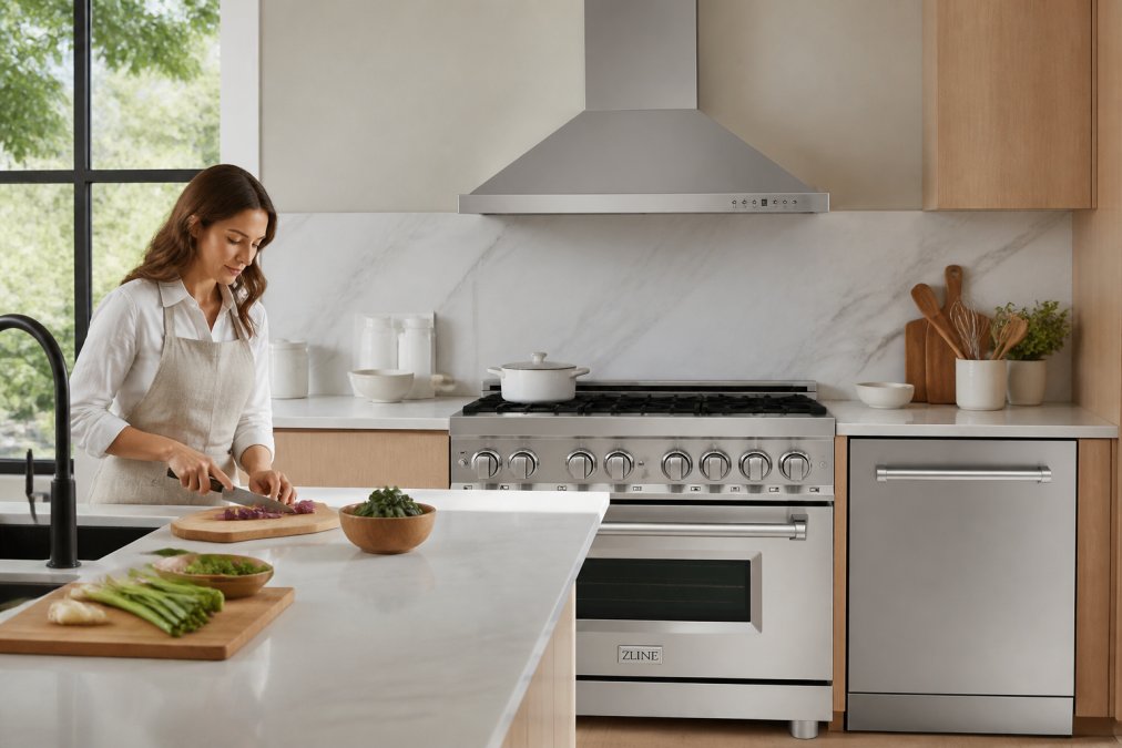 Modern kitchen with stainless steel appliances, homeowner preparing food at sleek countertop with quality cookware and precision tools visible, natural morning light streaming through windows