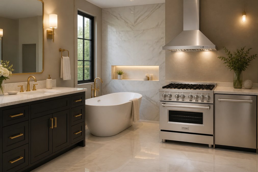 Luxurious modern bathroom with elegant Castello vanity, freestanding Newport bathtub, contemporary fixtures, warm lighting creating spa-like atmosphere with marble accents