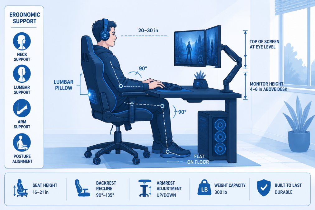 Gamer seated in premium ergonomic gaming chair with visible lumbar support pillow, positioned at desk with dual monitors mounted on adjustable arms, showing proper upright posture during focused gaming session, natural window lighting illuminating the setup