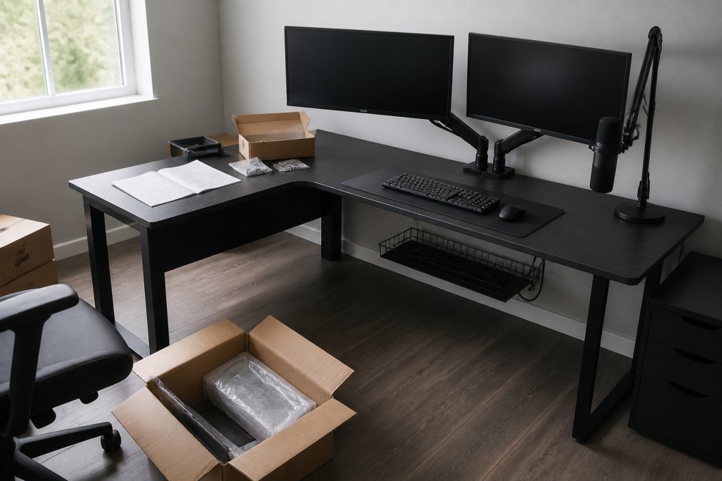 Overhead view of L-shaped gaming desk with clean surface, dual monitors on adjustable arms, keyboard and mouse on desk mat positioned for ergonomic reach, cable management tray underneath desk organizing all cords, neutral gray and black aesthetic, natural daylight from window
