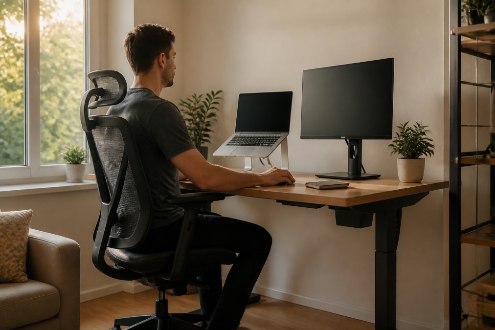 A person seated at a modern home office desk with an adjustable standing desk, ergonomic chair, laptop on a stand, and an external monitor positioned at eye level, warm afternoon light through a window