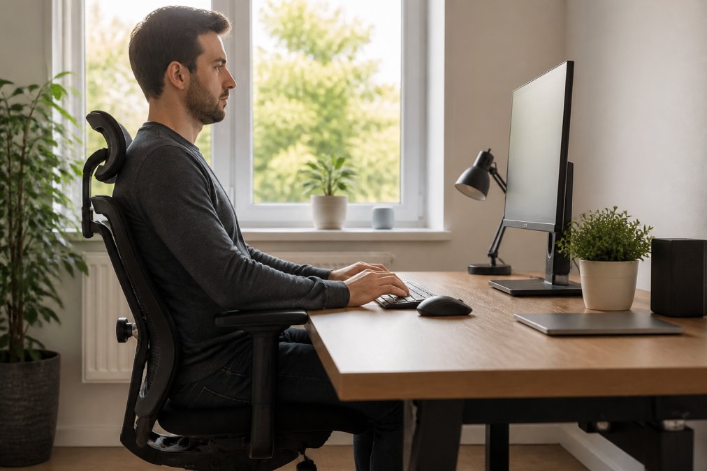 Professional sitting at ergonomic desk with proper posture, lumbar support visible on office chair, monitor at eye level, keyboard and mouse positioned correctly, natural window lighting in background