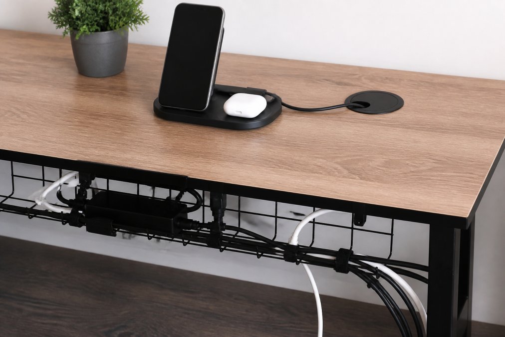 Organized desk corner showing cables routed through cable tray system with velcro ties, wireless charging station holding phone and earbuds, clean cable management system visible from above