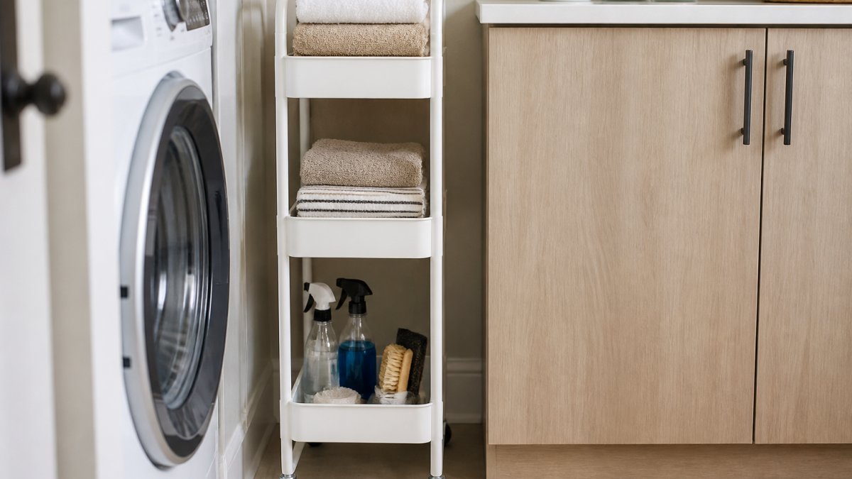 A compact apartment corner with a slim rolling storage cart between a washer and cabinet, holding folded towels and cleaning supplies, natural daylight