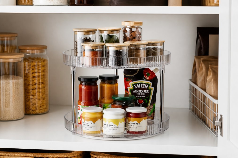 Organized kitchen pantry shelf with a double-layer rotating spice rack in the center, colorful spice jars arranged on both tiers, clear visibility of labels, natural kitchen lighting, other pantry items neatly stored on surrounding shelves