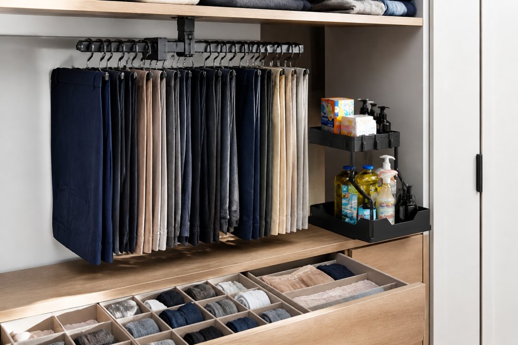 Well-organized closet interior with a space-saving pant hanger holding multiple pairs of neatly arranged pants, fabric drawer organizers visible in open drawers below showing organized socks and undergarments, natural closet lighting, minimal clutter