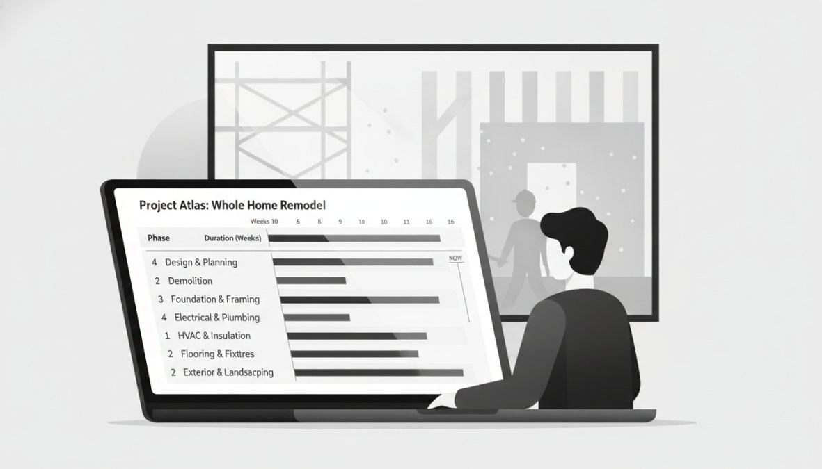 Homeowner reviewing a Gantt chart timeline on a laptop screen showing renovation phases, with construction activity visible through a window behind them