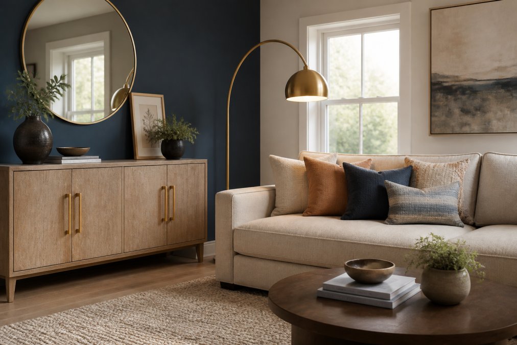 A bright living room with a freshly painted accent wall, new brass cabinet hardware on a sideboard, a stylish floor lamp, and layered throw pillows on a neutral sofa, photographed in soft afternoon light
