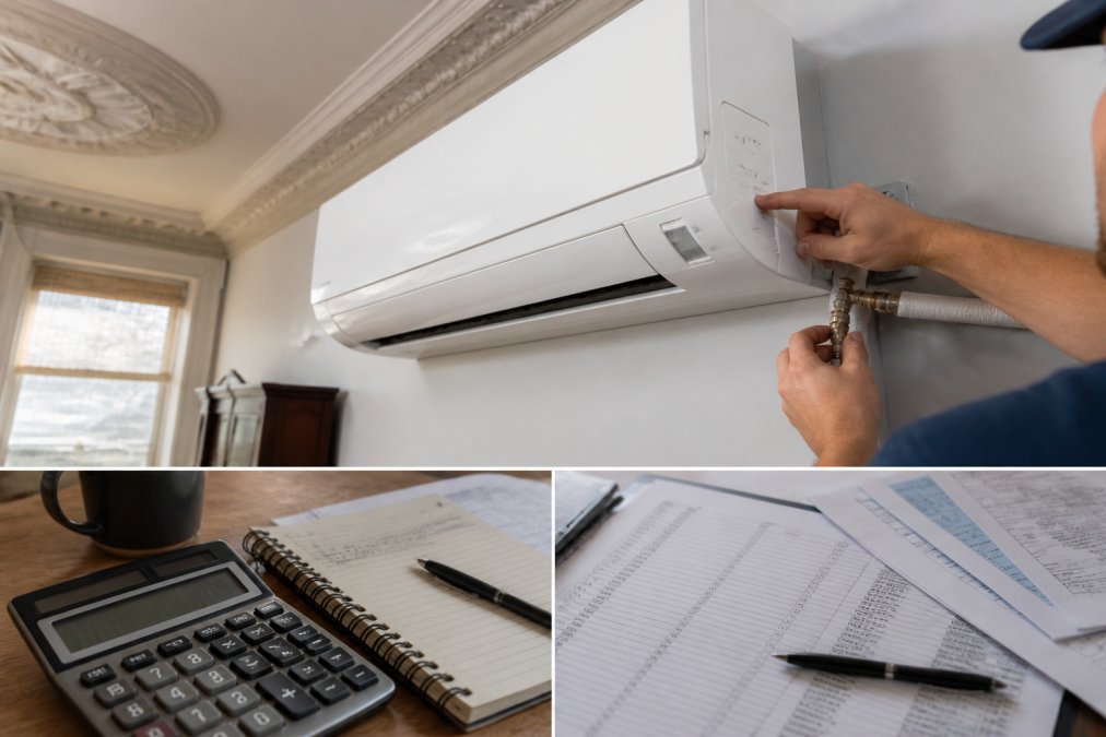Close-up of a white wall-mounted ductless mini-split indoor unit mounted in a room with period architectural details, with a technician's hands adjusting the control panel and checking refrigerant line connections