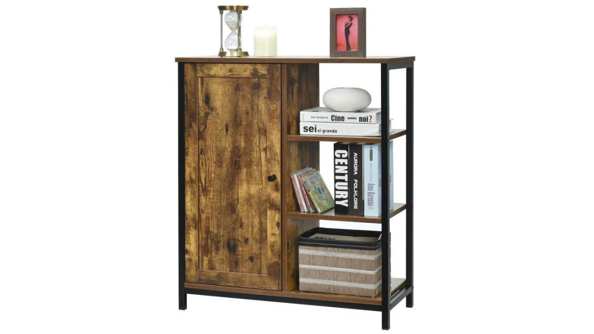Modern Industrial Black Metal Brown Wood Sideboard Buffet Storage Shelf Cabinet