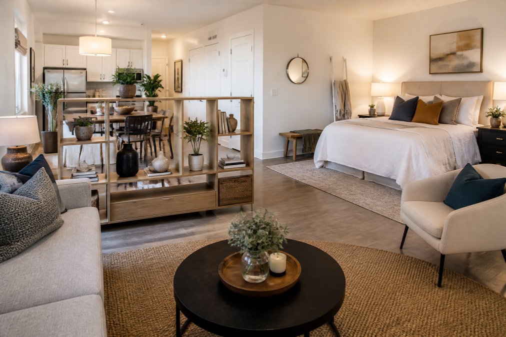 A bright, modern studio apartment interior photographed from a wide angle showing a living zone anchored by a low-profile gray sofa on a cream area rug, a dining zone with a round marble table and two sculptural chairs, and a sleeping zone separated by a low open-shelving unit with warm pendant lighting overhead