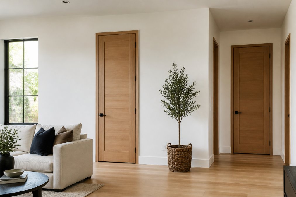 A bright modern living room with tall 8-foot interior doors finished in natural wood tones, clean white walls, and minimalist hardware, showing the proportion between door height and ceiling