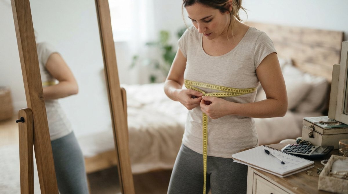 Woman carefully measuring her underbust with a soft measuring tape while standing in front of a mirror, with a notepad nearby showing size measurements