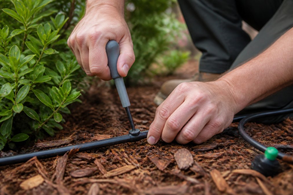 Close-up of a landscaper's hands using a punch tool to insert a drip emitter into black distribution tubing laid along a garden bed, with mulch and green shrubs in the background