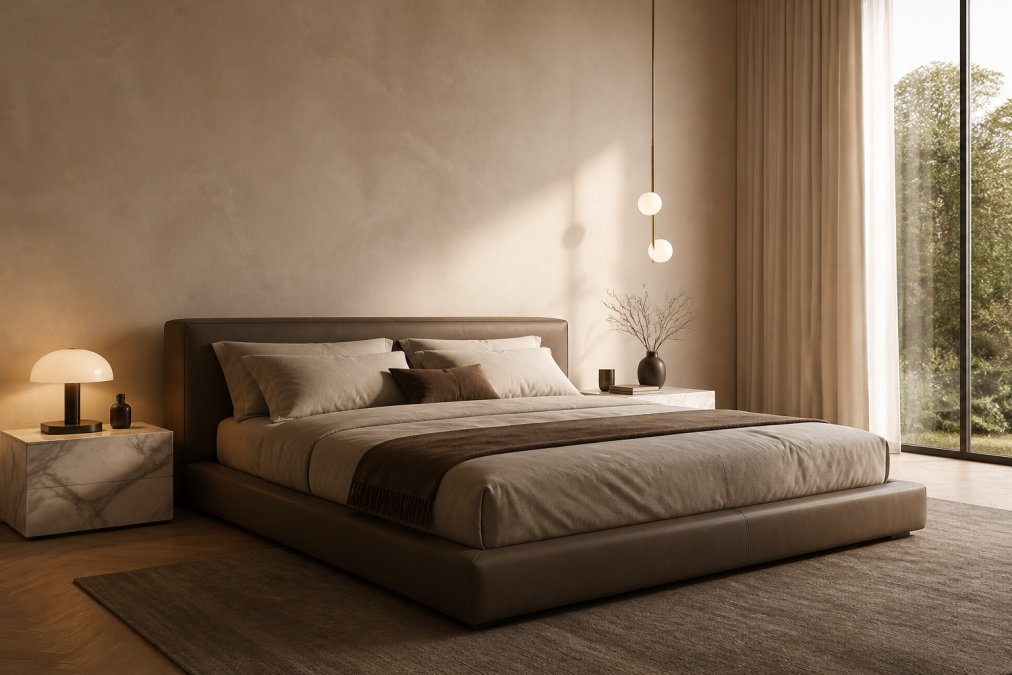 A luxurious modern Italian bedroom with a low-profile upholstered bed in warm taupe, marble bedside tables, a minimalist chandelier casting a soft ambient glow, and smooth neutral plastered walls in warm morning light