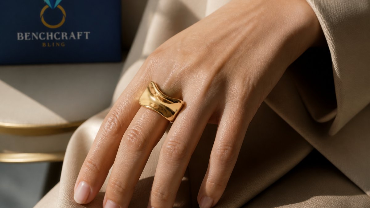 Close-up of a woman's hand wearing a chunky gold ring with an organic, sculptural shape, resting on a neutral fabric background with soft natural light
