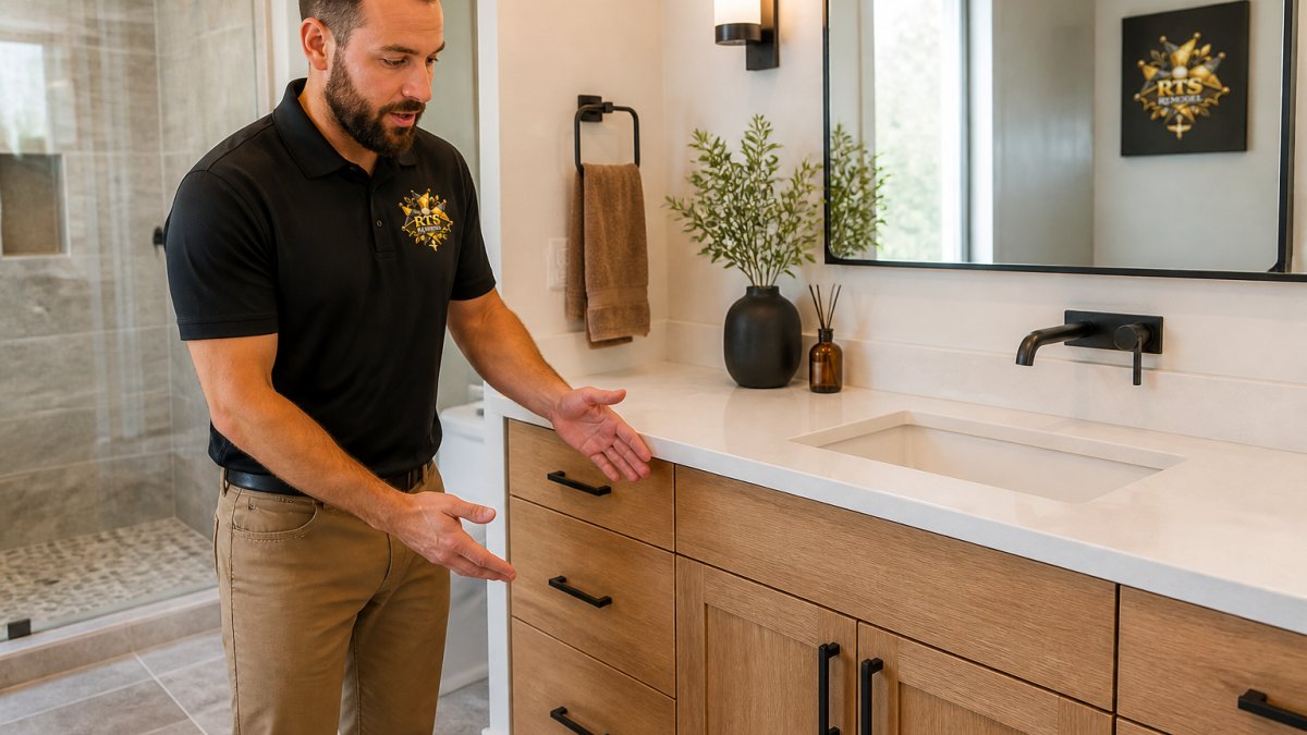 Professional demonstrating modern kitchen and bathroom cabinet design trends in a contemporary bathroom with natural wood vanity, matte hardware, and integrated undermount sink