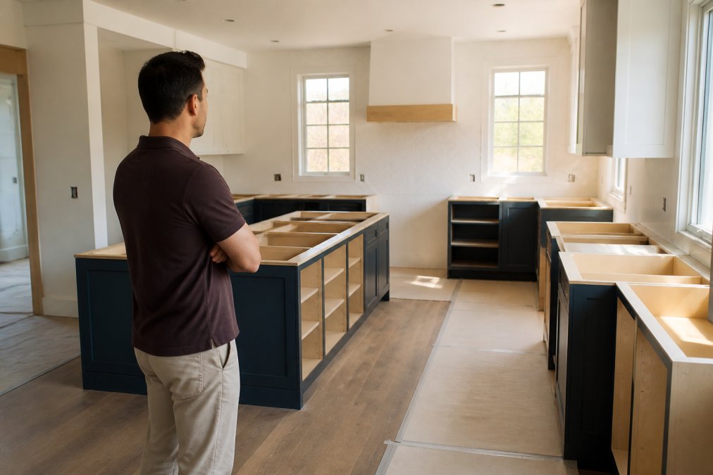 A homeowner standing in a bright, modern kitchen under renovation, arms crossed, looking at a large open space where new appliances will be installed. Cabinetry is partially installed and lighting is bright.