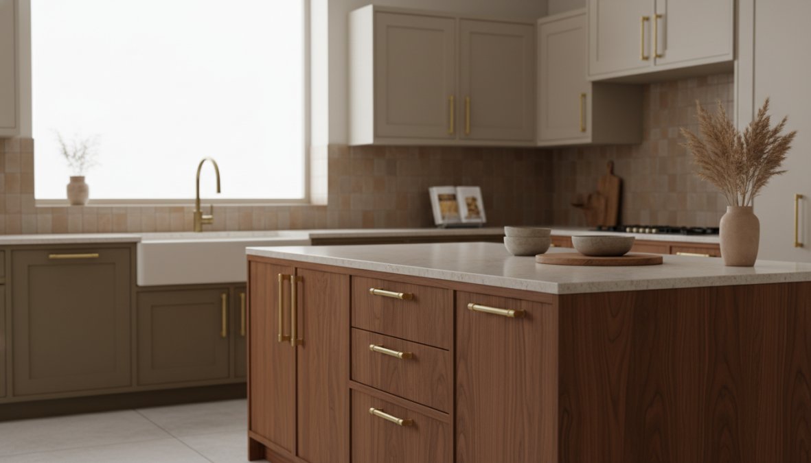 A bright, modern kitchen featuring warm off-white upper cabinets and espresso-toned base cabinets with brushed brass hardware, quartz countertops, and natural wood accents under warm overhead pendant lighting