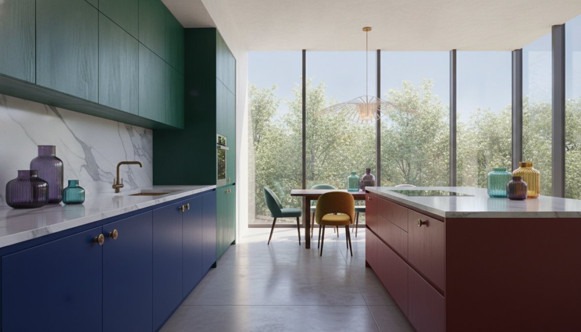Professional illustration showing modern and kitchen and featuring concepts for modern kitchen cabinet design trends 2024