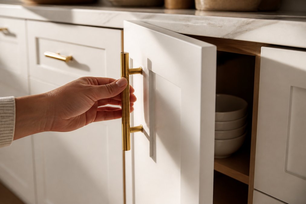 Close-up of a hand opening a modern white shaker cabinet door fitted with a brushed brass T-bar pull, warm afternoon sunlight catching the metal finish