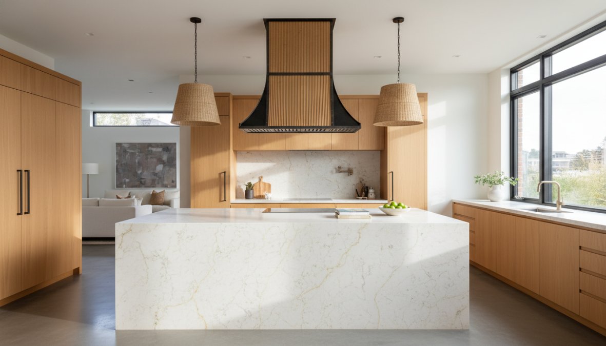 Bright, open-concept kitchen with warm honey-toned flat-front wood cabinetry, a thick white stone island countertop, and a sculptural plaster range hood as the centerpiece, photographed in natural afternoon light