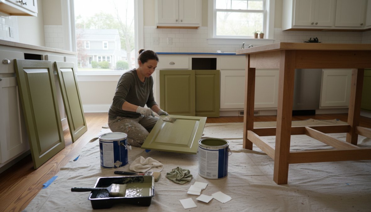 Homeowner in a well-lit kitchen carefully painting flat cabinet doors in a warm olive green color, with painter's tape along the edges, open paint cans and brushes on a drop cloth on the floor