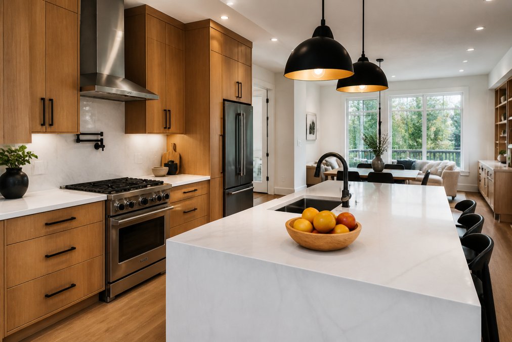 A bright modern kitchen in an Alberta home with warm wood cabinets, white quartz countertops, a large island with pendant lights, and a bowl of fresh fruit on the counter