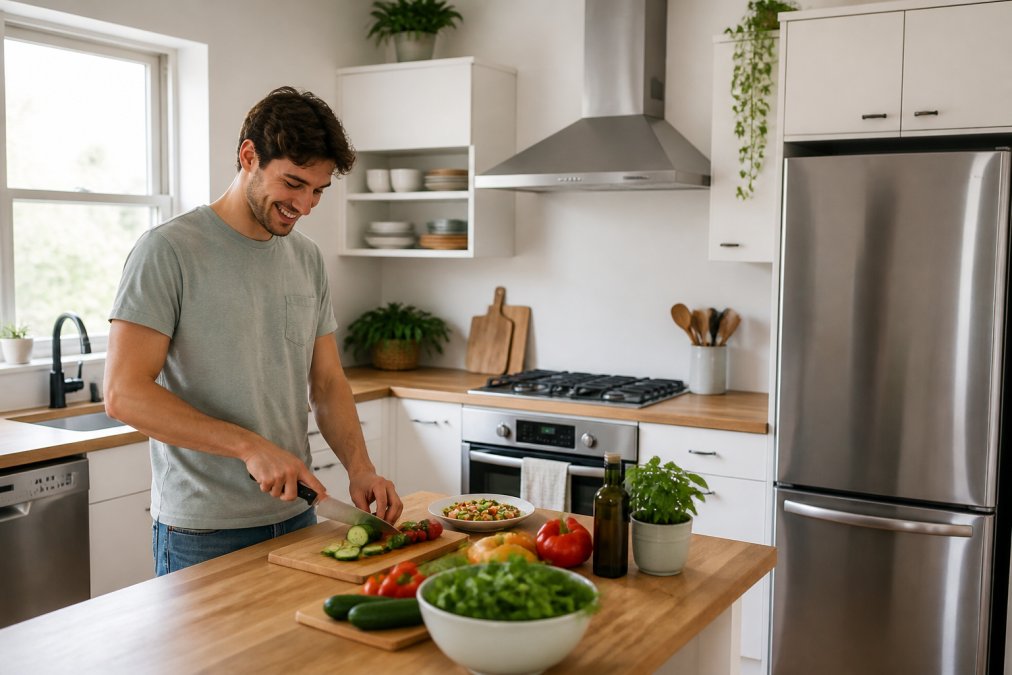 Bright, modern first-home kitchen with sleek stainless steel appliances, organised storage with white cupboards and wooden countertops, a young person in casual clothing preparing vegetables at the counter with a warm smile, natural daylight streaming through a window