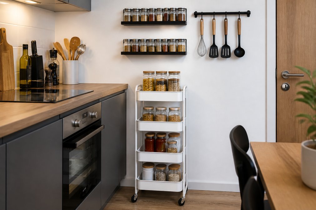 A compact modern kitchen with a white five-tier storage trolley on wheels beside a counter, spice racks mounted on the wall, and neatly organised jars and utensils in a bright small flat