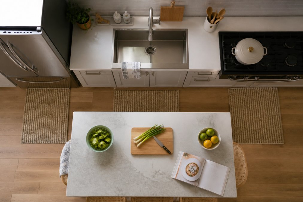 A top-down view of a kitchen counter illustrating the 'workflow triangle' between the refrigerator, sink, and stove, with clear zones marked for prep, cooking, and cleaning