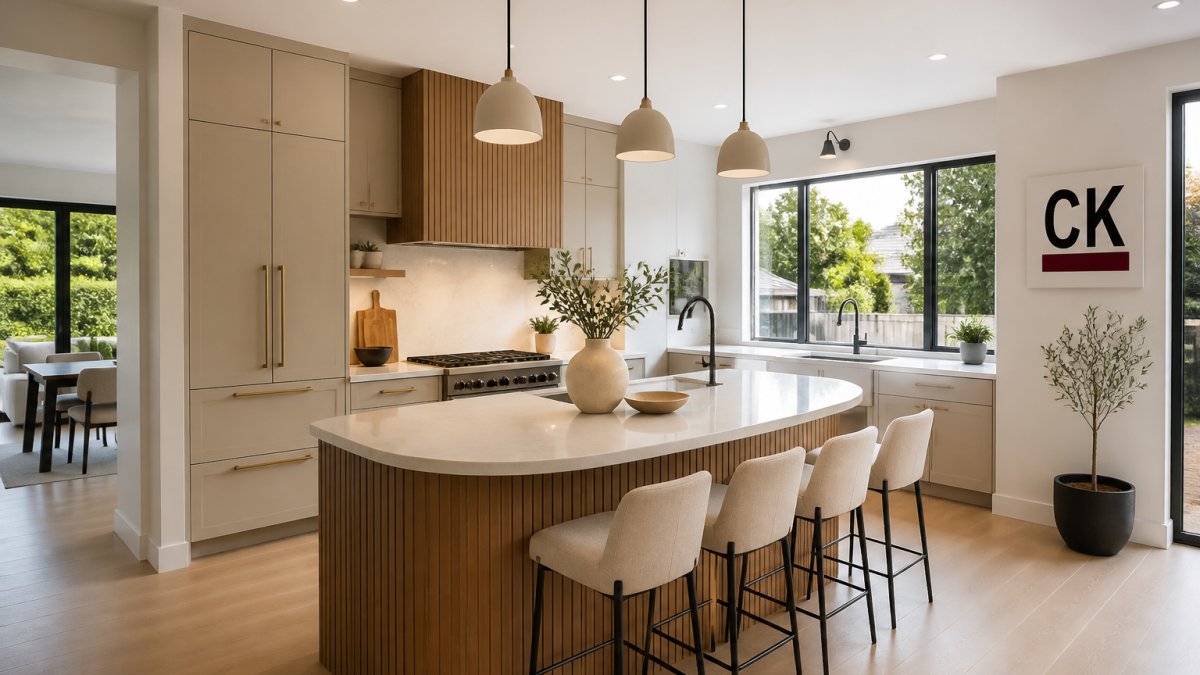Bright modern kitchen featuring warm neutral cabinets, natural wood accents, and a curved island for 2026 trends.