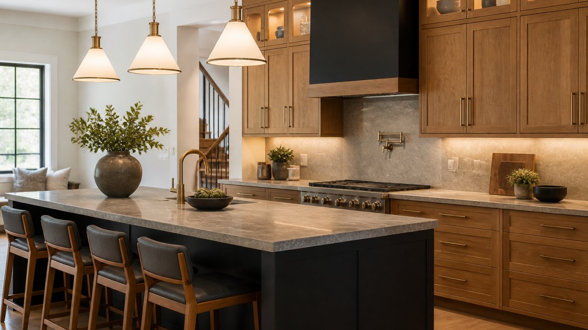 Modern kitchen with warm honey-toned wood cabinetry, matte charcoal island, natural stone countertops, and layered pendant and under-cabinet lighting creating depth