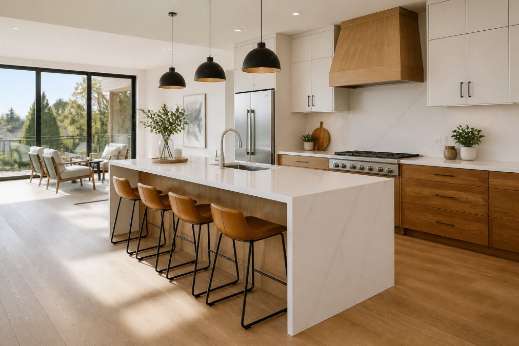 A bright, modern kitchen featuring warm wood lower cabinet finishes, a large center island with a white waterfall quartz countertop, and natural light streaming through wide floor-to-ceiling windows, illuminating a clean, open layout with minimal clutter
