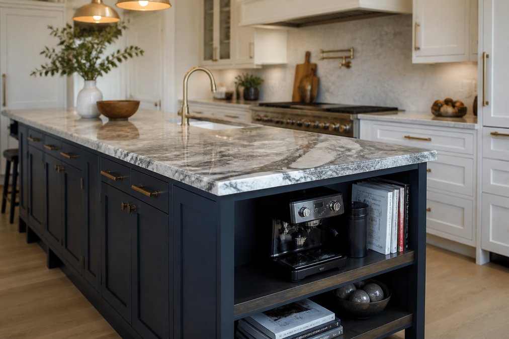 Close-up of a kitchen island with a dramatic book-matched quartzite countertop featuring bold grey veining, a contrasting dark navy painted base cabinet, and integrated open shelving on one end holding cookbooks and a small espresso machine, under warm pendant lighting