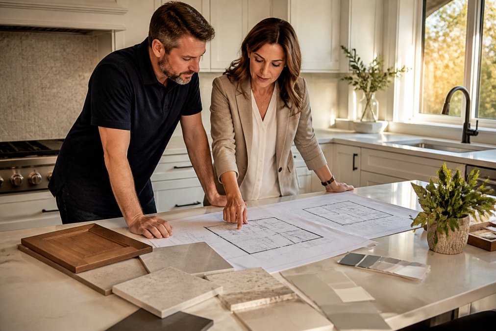 A homeowner and interior designer reviewing large kitchen floor plan drawings spread across a white kitchen island, with material samples and paint swatches arranged nearby, warm afternoon light coming through a nearby window