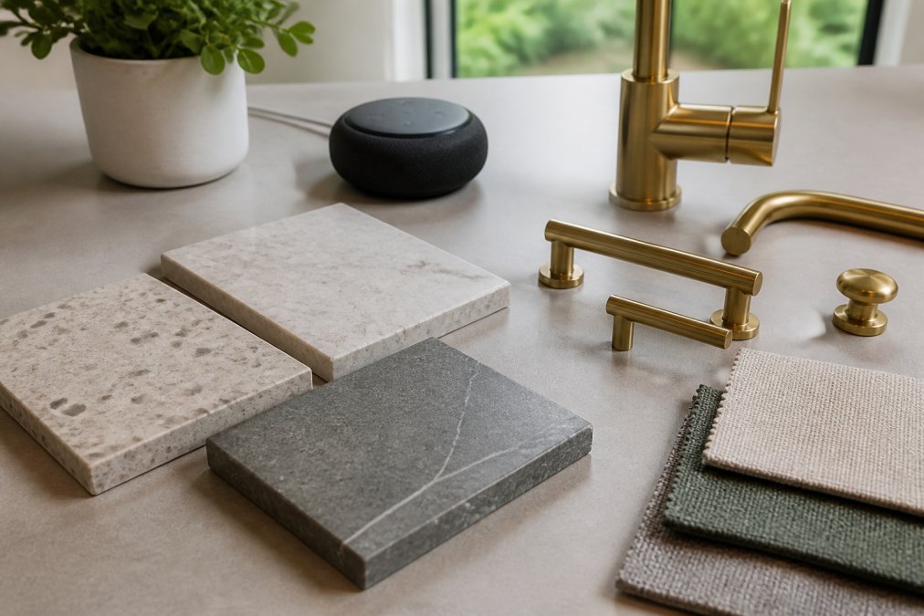 Close-up of a modern kitchen countertop with eco-friendly stone surface samples, a smart home hub device, and brushed brass hardware arranged for selection on a light grey surface under bright natural light