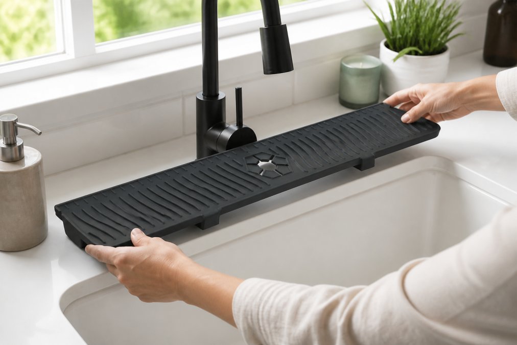 Close-up of hands positioning a stainless steel sink organizer rack over a kitchen sink basin with white porcelain finish, demonstrating tool-free placement without any drilling or hardware, natural kitchen lighting