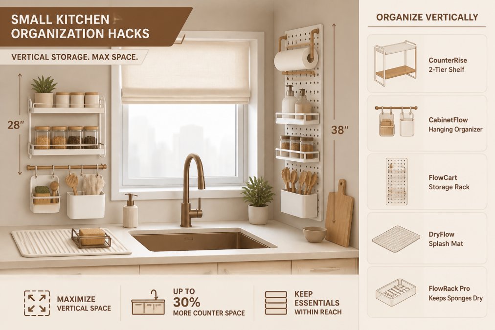 Compact urban kitchen with minimalist Scandinavian-style organizers installed vertically around the sink area, showing white and natural wood storage systems maximizing limited counter space near a window