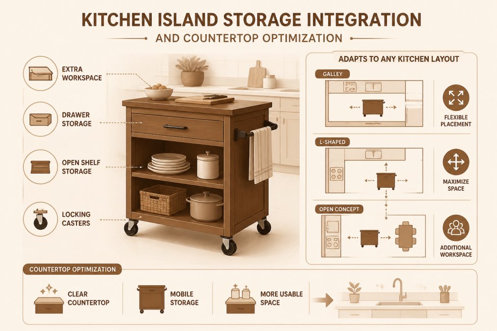 Modern kitchen featuring a rolling island cart with open shelving and drawer storage, showing how flexible storage solutions adapt to different kitchen layouts and provide additional workspace