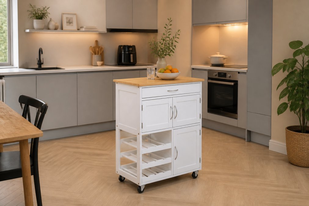Modern kitchen with soft grey matte-finish cabinets, warm beige-cream walls, and pendant lighting creating warm ambient glow over a minimalist white countertop with subtle wood accents